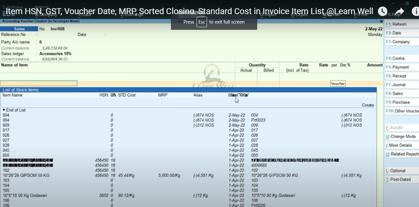 Item HSN, GST, Voucher Date, MRP, Sorted Closing, Standard Cost in Invoice Item List